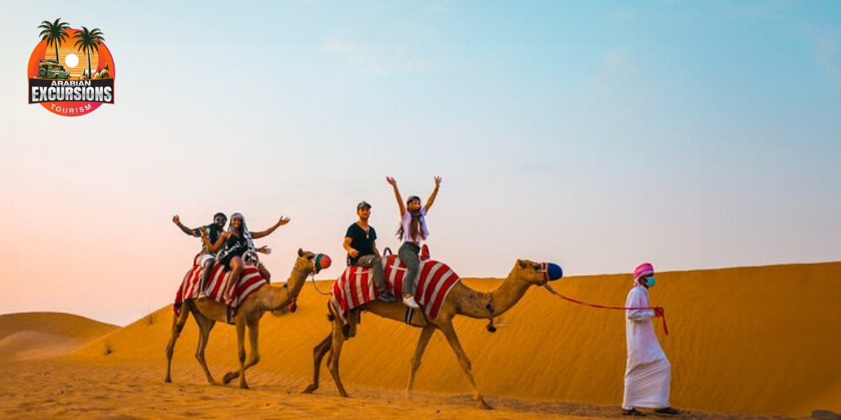 Tourists enjoying innovative desert safari activities in Dubai 2025 with camel rides and adventure sports.